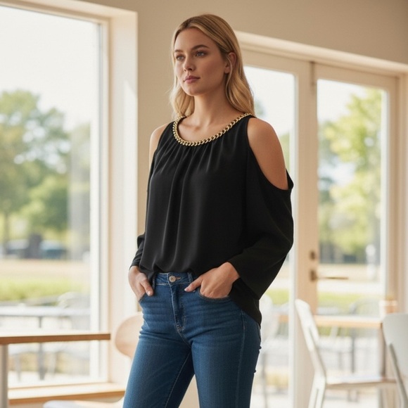 MICHAEL Michael Kors Tops - Michael Kors Black w/ Gold Chain 3/4 Sleeve Cold Shoulder Knit Top. Small #198
